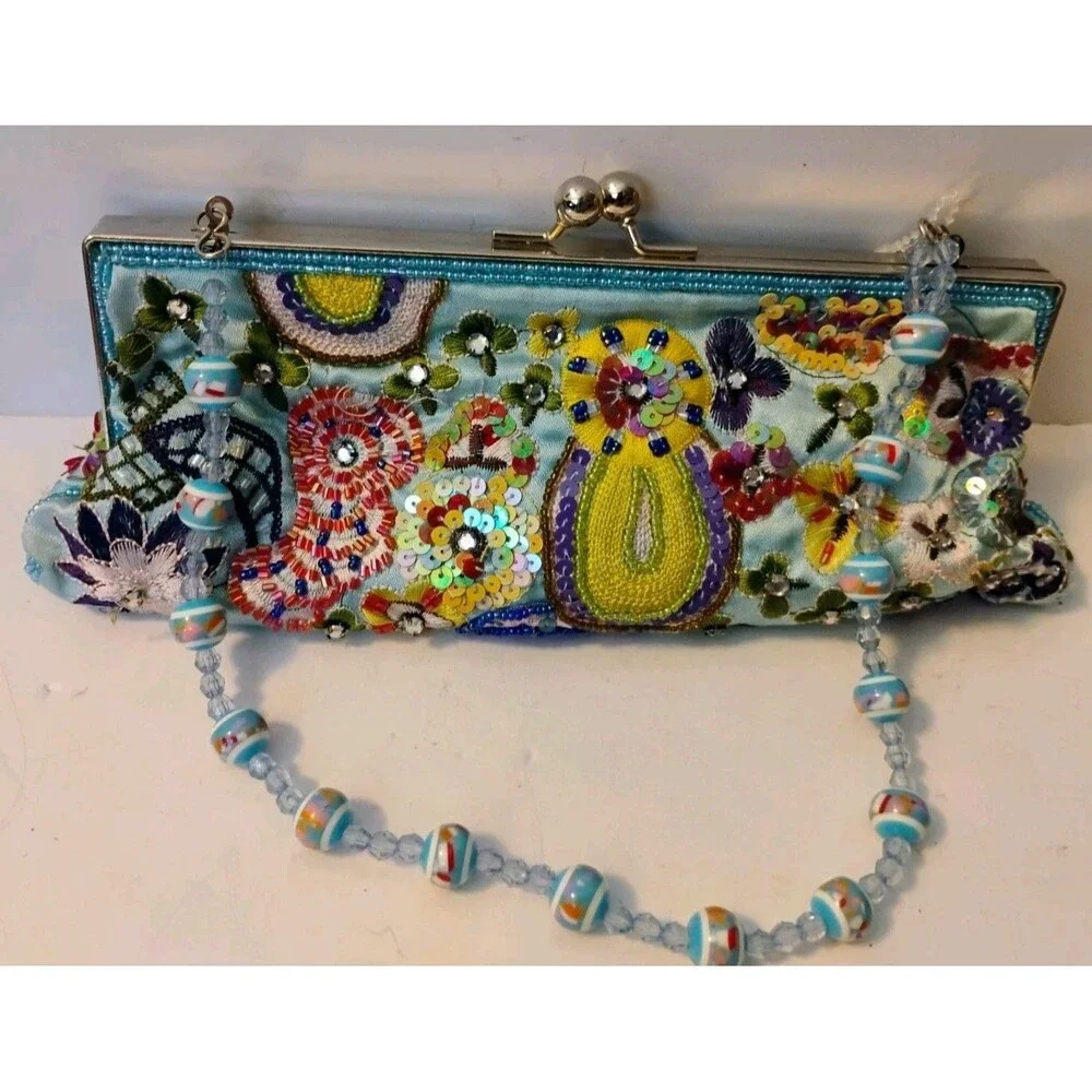 Vtg Y2K Beaded Sequin Mosaic Clutch Purse Kiss Lock Colorful Boho Evening Bag